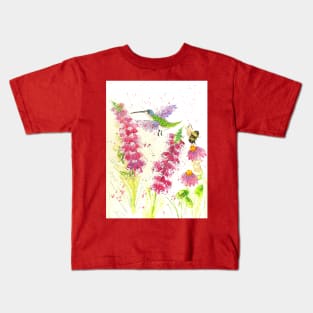 Colourful Hummingbird and a Bumblebee among Pink Flowers Kids T-Shirt